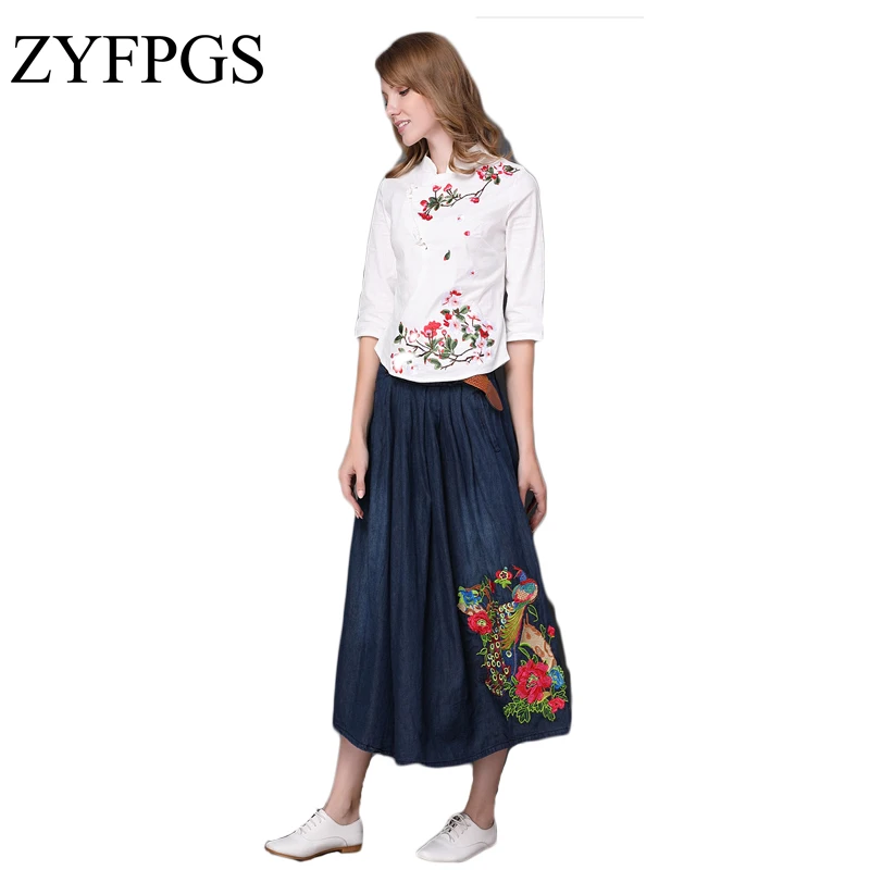 

ZYFPGS 2019 Women Skirts Large Size Retro High Waist Pleated Skirt Embroidered Denim Flared Waist Fashion Saia Femininas L0506