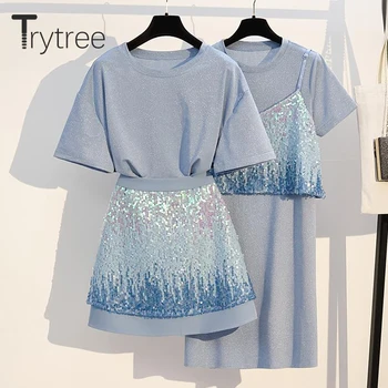

Trytree 2020 Summer Women two piece set Casual O-neck Solid Sling Sequins Tops + Skirt Mini Elegant Fashion Set 2 piece set