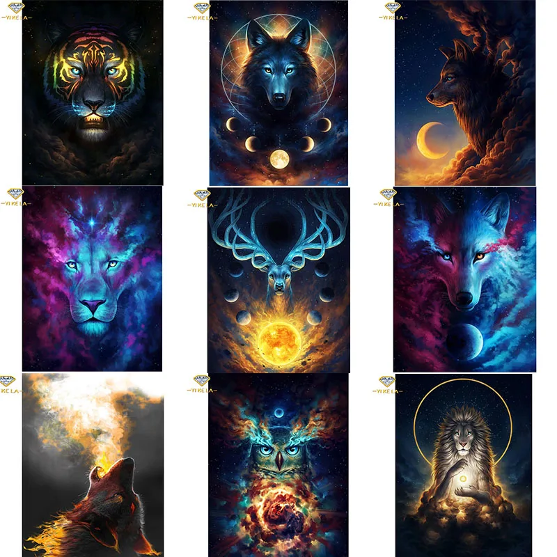 5d Diy Diamond Lukisan Hewan Fantasi Serigala Harimau Burung Hantu