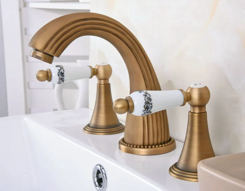 

Antique Brass Dual Ceramic Flower Levers Handles Widespread 3 Hole Install Bathroom Sink Basin Faucet Mixer Taps aan090