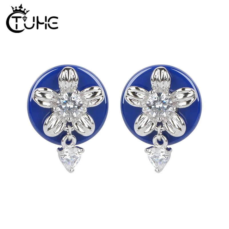 

Pink Blue Crystal Cute Earrings Jewelry Delicate Girl Women Ear Stud Tiny CZ Flower Delicate Ceramic CZ Stud Flower Earring Gift