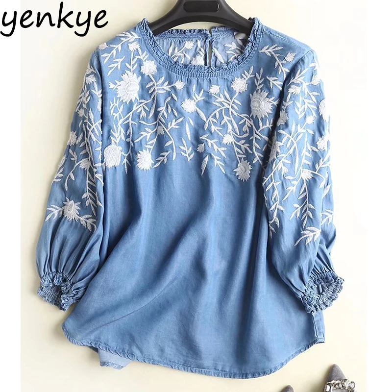 Vintage Blue Tencel Denim Blouses Women O Neck Three-Quarter Sleeve Floral Embroidered Shirt Plus Size Summer Tops