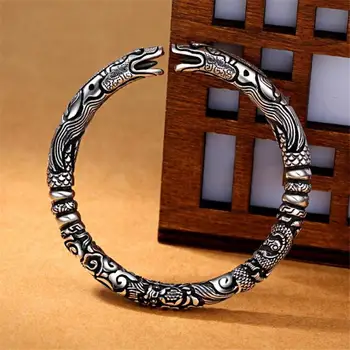 LKO Hot Double Chinese Dragon Head Tibetan Silver Adjustable Bracelets & Bangles For Men & Women