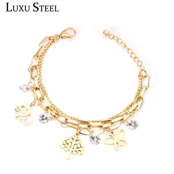 

LUXUSTEEL Gold Color Stainless Steel link Chain Bracelets Fashion Butterfly Jewelry Women Accessories High Quality Extender Gift