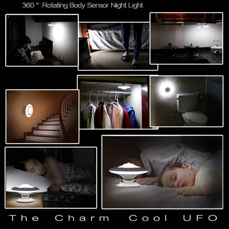 

Motion Sensor Night Light Rotating LED UFO Shape Lamp with USB Battery Powered Wardrobe Nightlight LE66