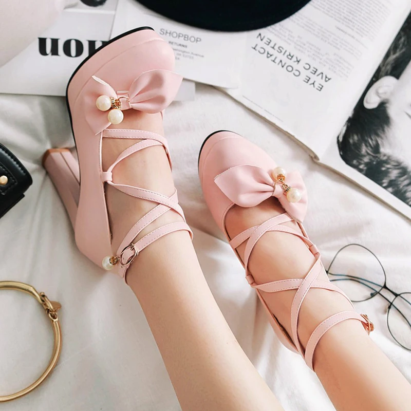 Rimocy lovely women pink bowtie ankle strap pumps 2019 spring high platform square heels shoes woman party weeding dress shoes Rimocy lovely women pink bowtie ankle strap pumps 2019 spring high platform square heels shoes woman party weeding dress shoes