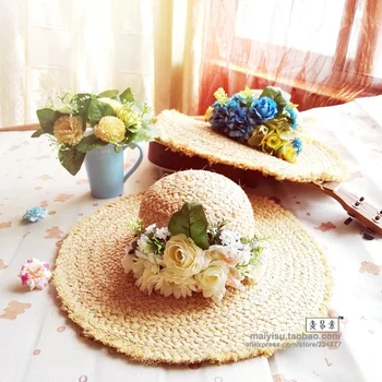 

Floral raffia Straw Hats For Women's Female flower Summer Garland Ladies Wide Brim Beach Hats Large brim Sun Caps New Brand