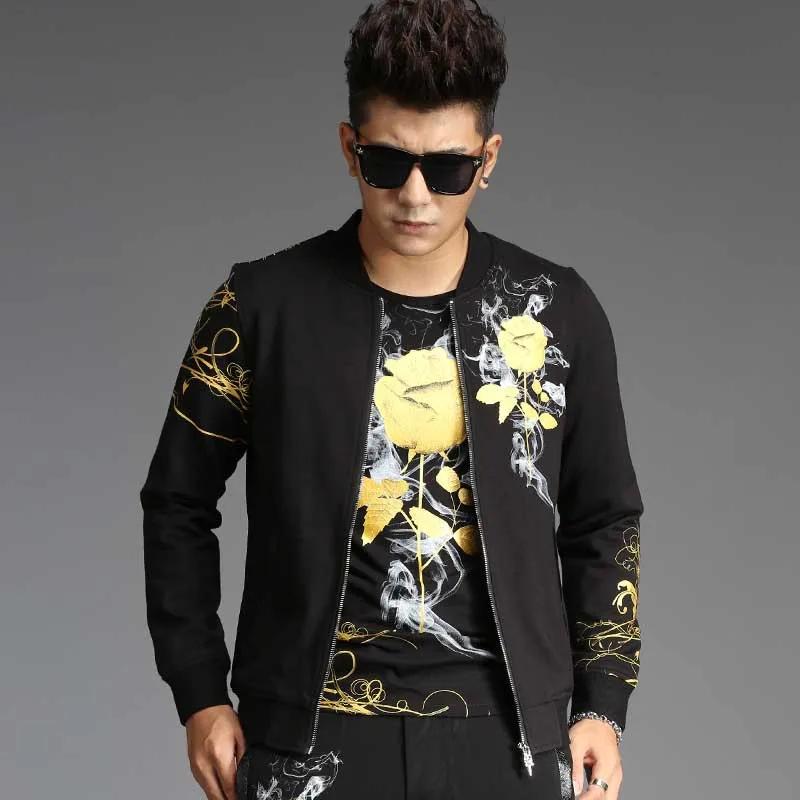 Retro Gilded Rose Floral Printed 3 Piece Sweat Set Tracksuit Men Hoodies Set Casual Slim Fit Jacket + Tshirt + Joggers Pants
