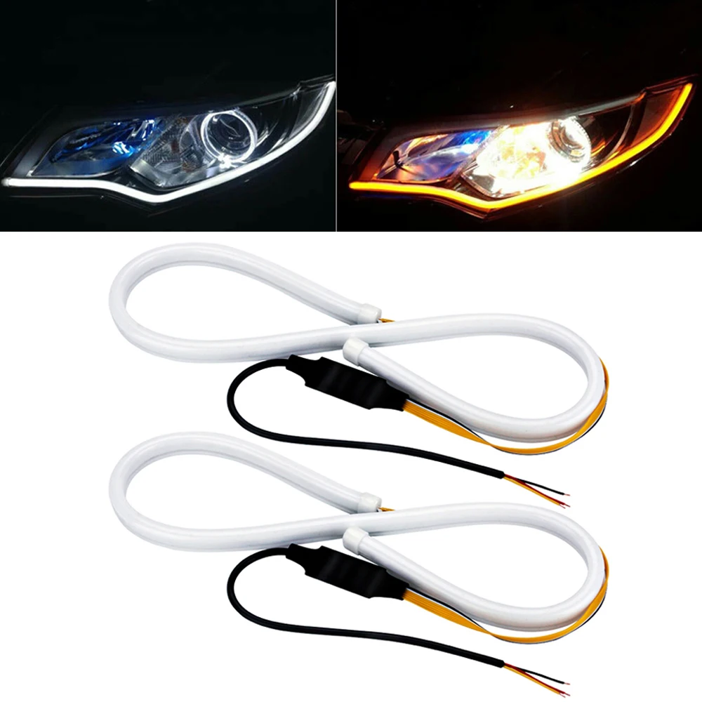 Car LED Headlight Light Bar Eyebrow DRL Turn Signal Flowing Lamp White+Amber 2pc