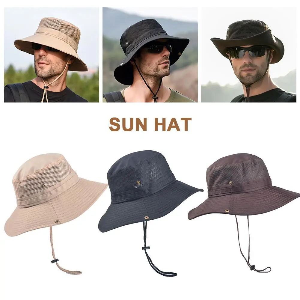 

Men's Summer UV Protection Beach Hat Wide Brim Sun Hat Foldable Fishing Hat with Adjustable Chin Strap and Breathable Mesh