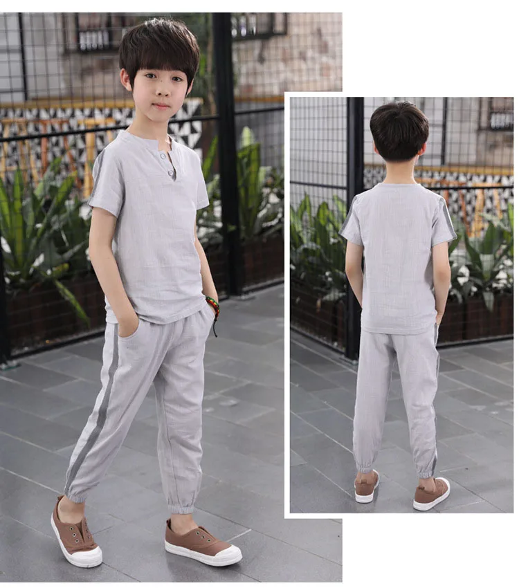 kids 2pcs sets solid o-neck cotton linen tops t shirts for boys sport suits fashion boys clothes children summer 2018 clothing (16)