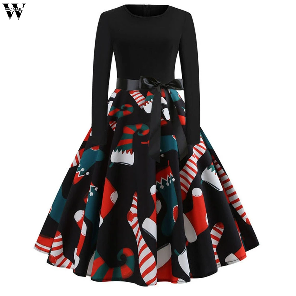 

Women's Vintage Print Long Sleeve Christmas New Year Festival Large Size Long Sleeve Tree Evening Party Winter Dress Nov26