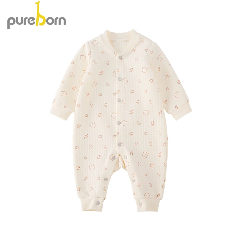 Pureborn/комбинезон с длинными рукавами для новорожденных; Комбинезон для маленьких мальчиков и девочек; Верхняя одежда для малышей; одежда на весну и осень - Цвет: beige and pink