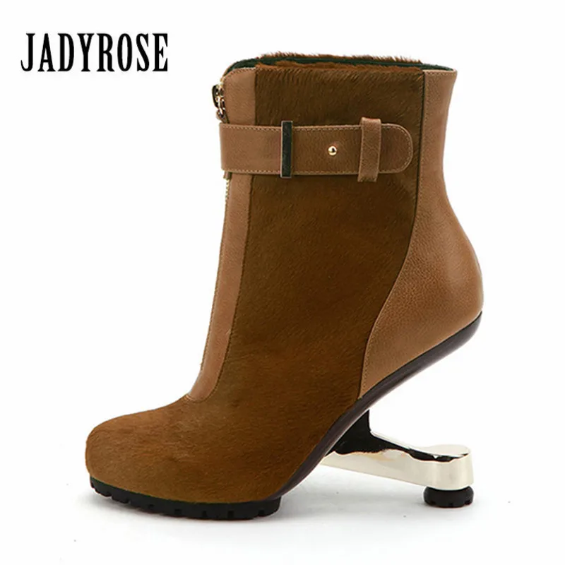 

Jady Rose Horsehair Women Ankle Boots Strange Heel Front Zipper Wedge Shoes Woman High Heel Winter Boot Women Pumps Wedges