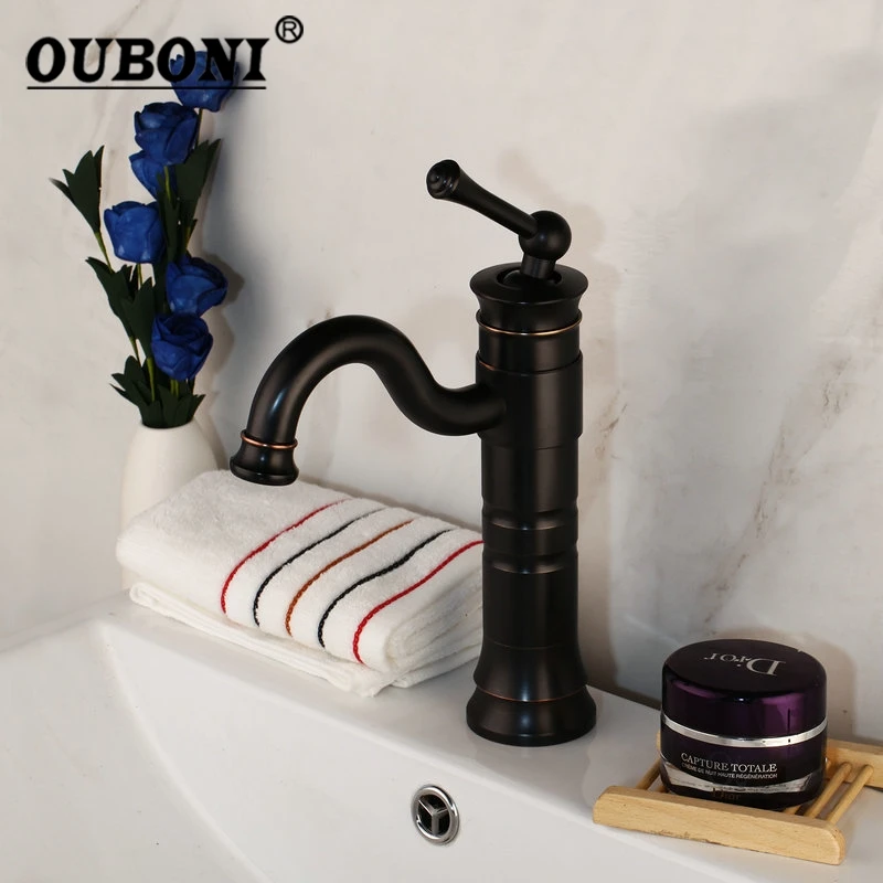 

OUBONI Black ORB Bathroom Faucet Basin Swivel Stream Spout Bathroom Deck Mount Sink Vanity Tap Mixer Faucet