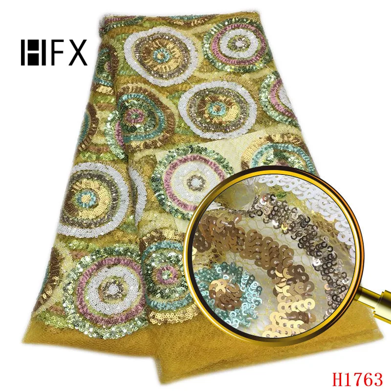 

African Lace Fabric 2019 High Quality Gold French Net Embroidery Sequins Tulle Lace Fabric For Nigerian party Dress F1763