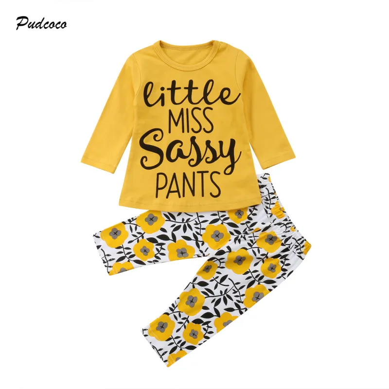 

Little Miss Infant Toddler Kids Baby Girl Long Sleeve Cotton T-shirt Tops+Floral Long Pant Trouser 2PCS Outfits Clothing Set
