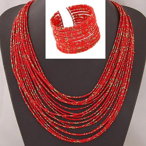 DIEZI африканские ювелирные изделия из акрилового бисера наборы богемные ожерелья браслеты Женская мода эффектное многослойное ожерелье комплект украшений - Окраска металла: red