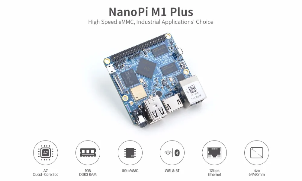 Allwinner H3 Quad-core Cortex-A7 NanoPi M1 плюс демо доска (1 ГБ Оперативная память 8 Гб памяти на носителе eMMC) + 3D чехол + радиатор + USB кабель + 8 Гб SD карты = KIT-E-B