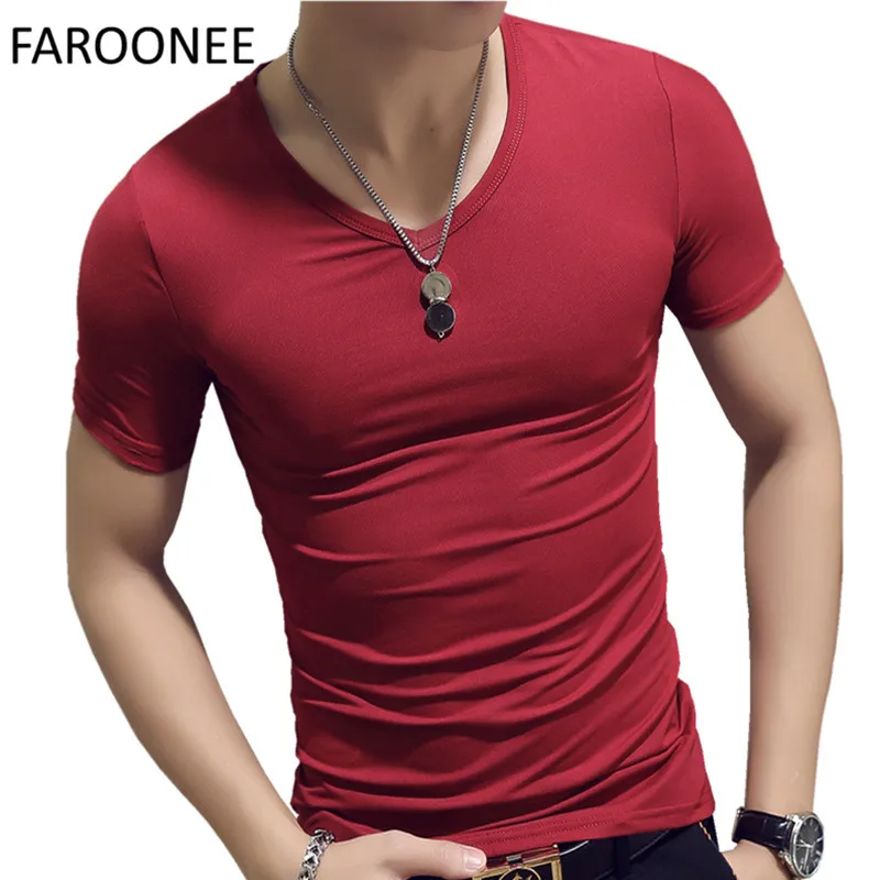 

Elastic V Neck Men T Shirt Mens Fashion Short Sleeve Tshirt Fitness Solid Male T-shirt 2019 Brand Clothing Tee Tops 2XL