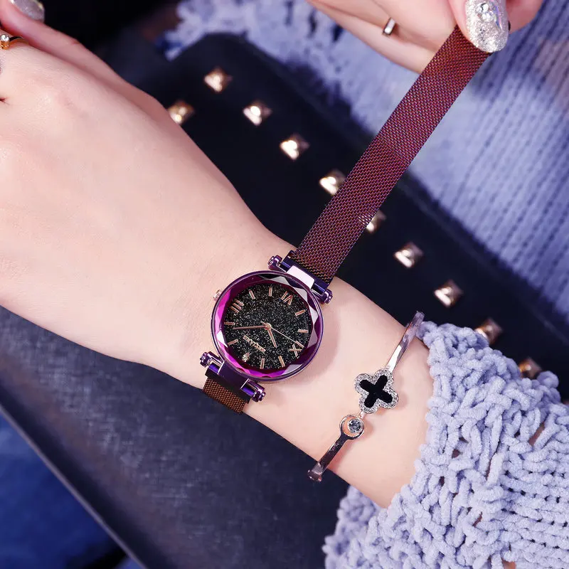 

Zegarek Damski 2019 Fashion Ladies Watch Polygonal Dial Women Dress Watches Luxury Purple Starry Sky Magnetic Female Wristwatch