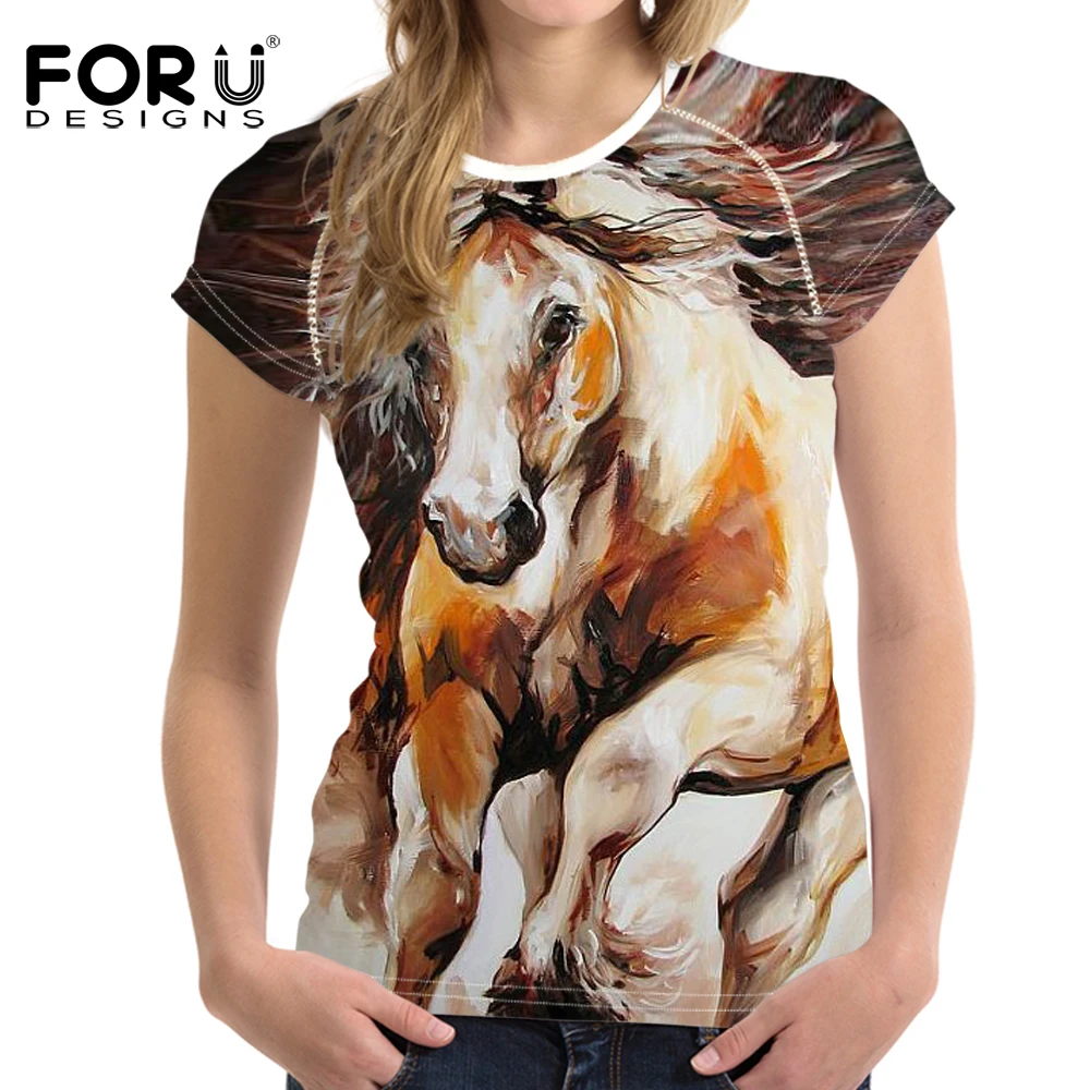 FORUDESIGNS/Спортивная футболка с 3D Crazy Horse для женщин, стильная женская одежда для спортзала, топы, футболки, женские футболки с круглым вырезом для девочек