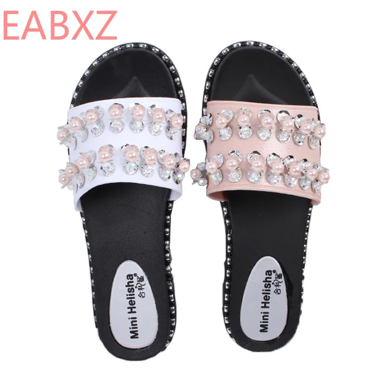 

EABXZ slippers female summer outside casual flat bottom fashion everywhere Korean version of Pearl outdoor flat word drag tide