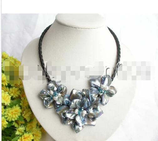 

Fast SHIPPING handmade Choker blue shell flower pearls leather necklace e136 (A0325)
