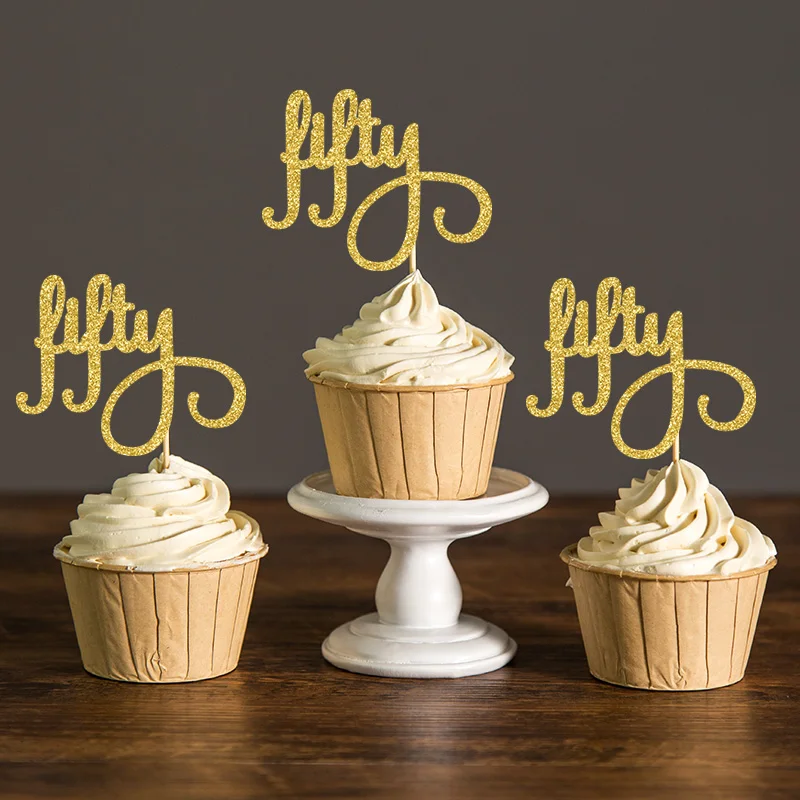 Gold Silver Black Glitter Script Fifty Cupcake Toppers