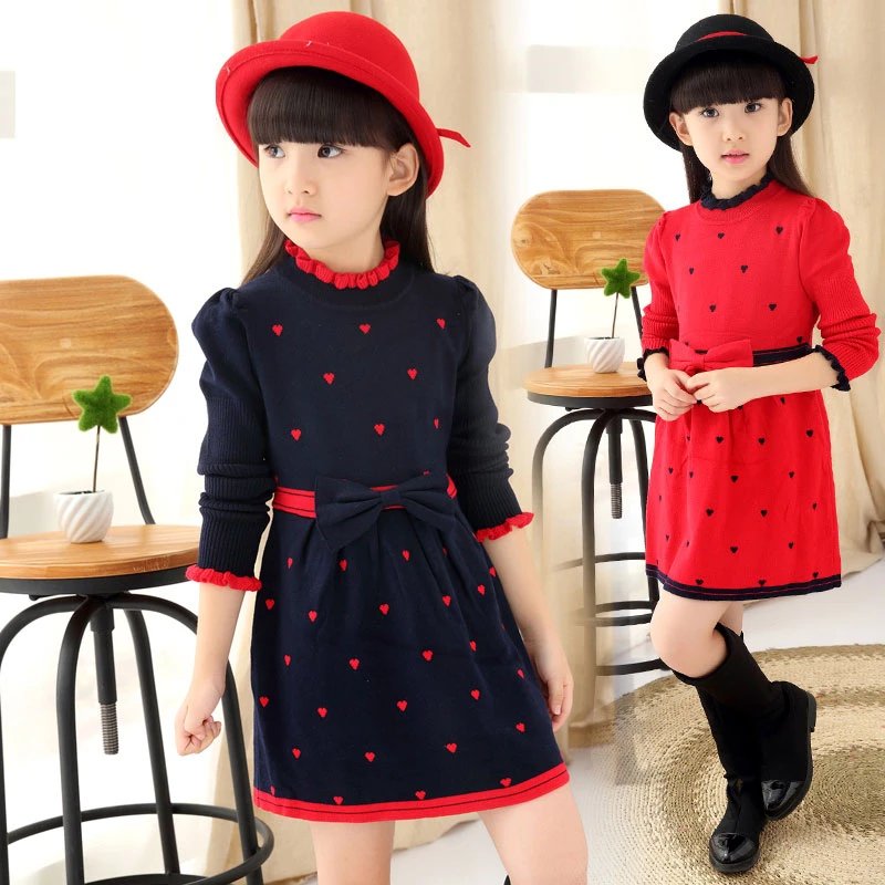 Kids Girls Fall Winter Dress One Piece Sweater Dress With Bow Heart Shape Printed Knit Dress 1192 Kids Girl Dress Withdress With Bow Aliexpress