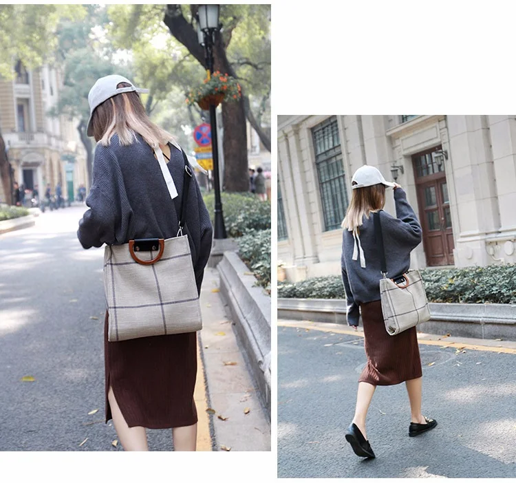 MJ Women Plaid Canvas Tote Casual Beach Bags Big Capacity Women Shopping Bag Daily Use Canvas Handbag Cotton Linen Shoulder Bag (13)