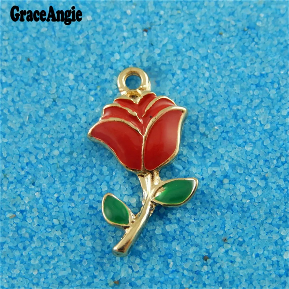 5pcs Small Red Tone Rose Charms Jewelry Making Necklace Bracelet Pendant Accessory Alloy+enamel