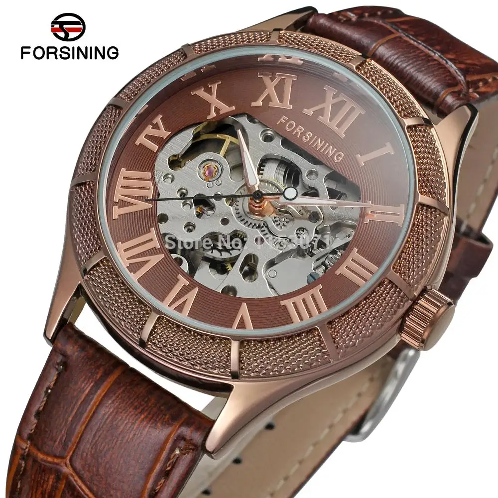 Часы скелетоны Forsining kol saatleri FSG8085M3C3 из натуральной кожи коричневого цвета с