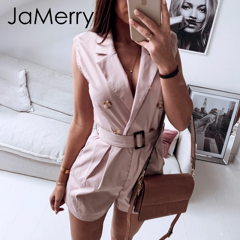 

JaMerry Vintage fashion sashes khaki women playsuit Spring summer pockets button romper Elegant zipper jumpsuit office ladies