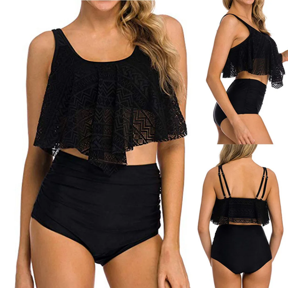 2019 women's large size sexy bikinis set ruffled high waist solid color swimsuit push up summer bikinis e fatos de banho 40J13 (1)