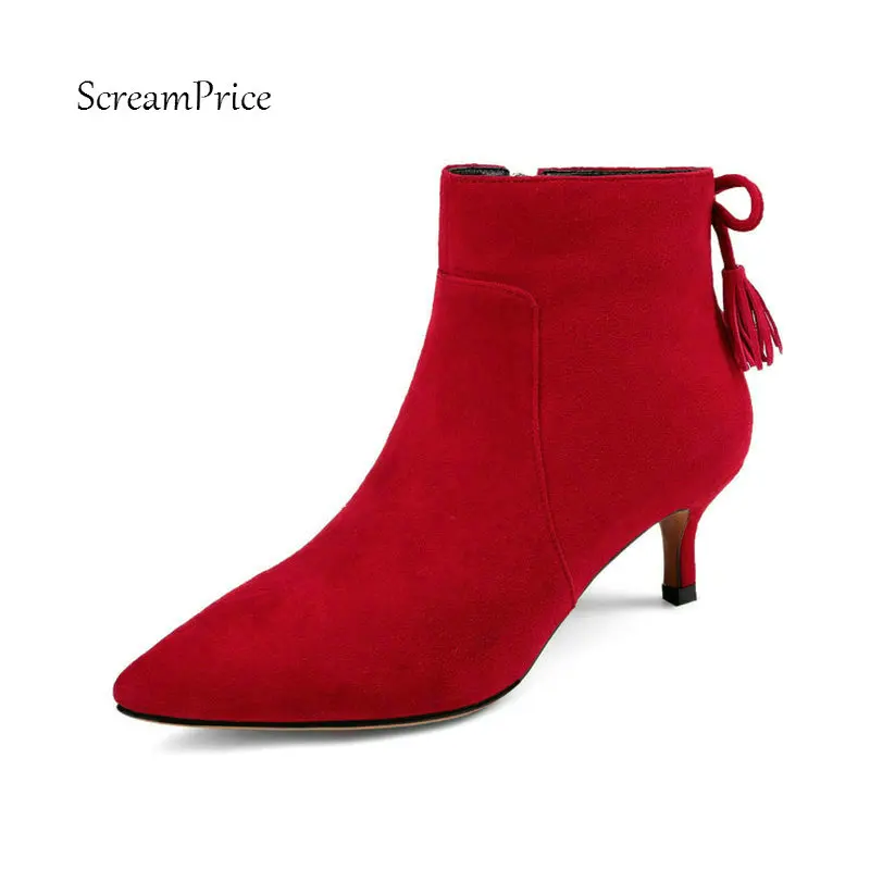 

Comfort Thin Heel Pointed Woman Suede Ankle Boots Fashion Fringe Zipper Dress Shoes Woman Black Red