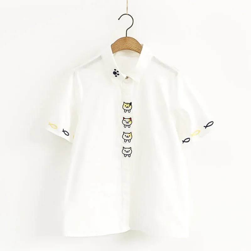 

Kawaii Cute Cat Embroidery Japan Style Shirt Loose Women Girls White Top Short Sleeve Turn Down Lolita Summer Blouse Femme 2019