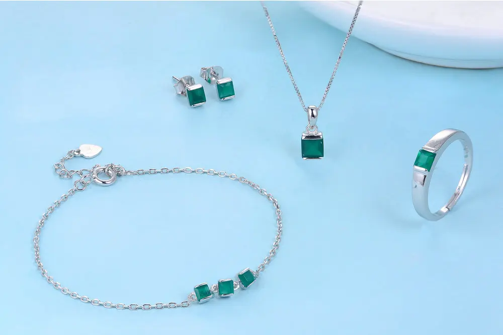 LAMOON S925 стерлингового серебра набор украшений для женщин 4 мм 0.6x2ct натуральный черный ювелирный камень, халцедон комплекты из серег и ожерелий V008-B-5