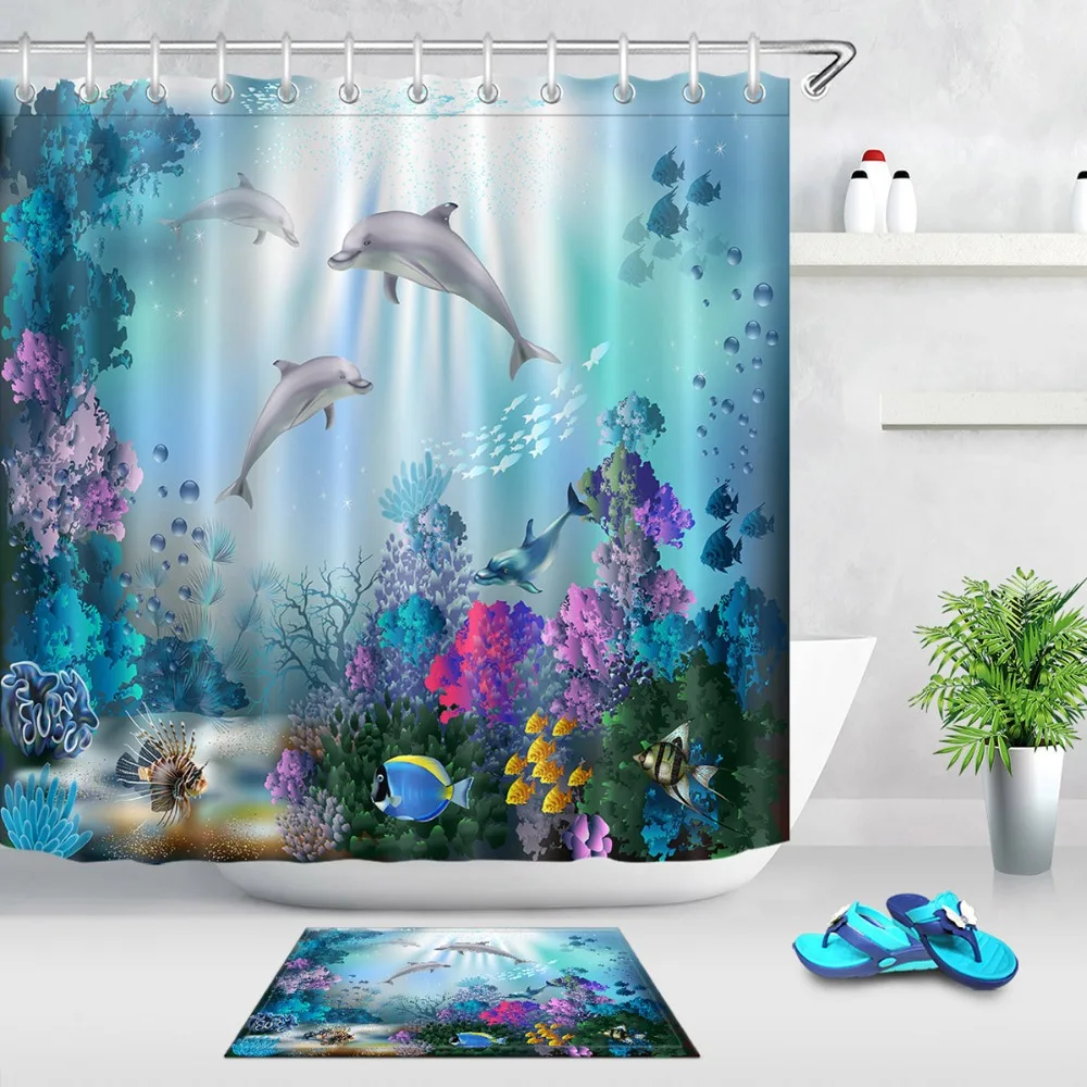 Undersea Mermaid and Dolphin Shower Curtain Liner Waterproof Fabric Bathroom Mat 