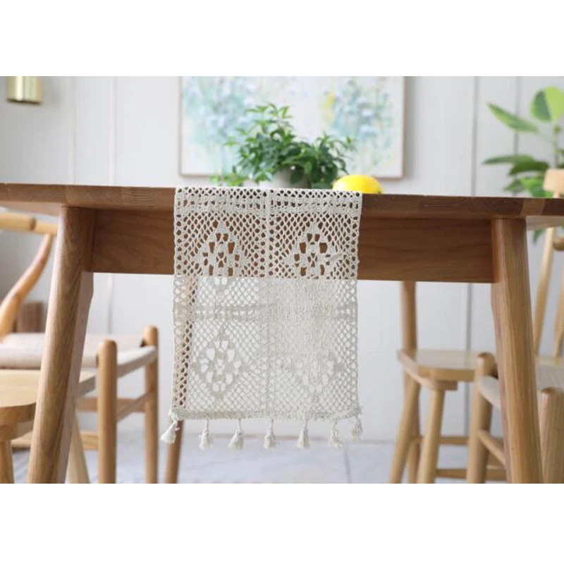 

Free shipping Vintage Table flag Palace Lace Handmade hook Table Runner Flower Hollow-out Tassel Tablecloth Dining mat Placemats