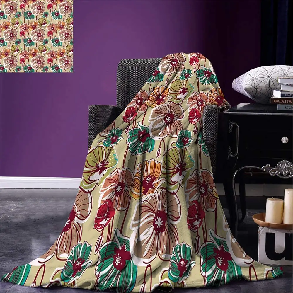Earth Tones Throw Blanket Flourishing Poppy Flowers and Buds Rich in Colors in Drawing Style