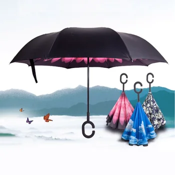 

10pcs Creative Inverted Umbrellas Double Layer With C Handle Inside Out Reverse Windproof Umbrella 9 styles