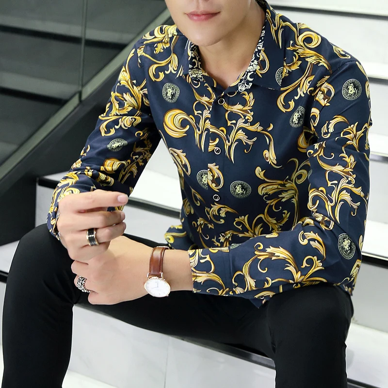 High Quality Mens Floral Print Shirt Polyester Slim Fit Long Sleeve 3 Pattern M-7XL