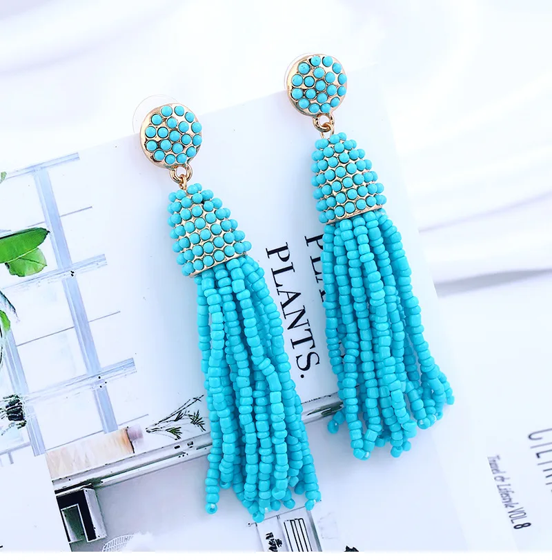 1 pairs  Seed Beads Long Tassel Earrings Handmade Weaving Drop Earrings