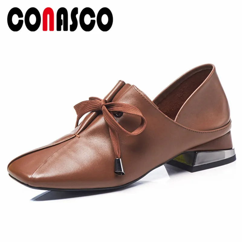 CONASCO Brand Women Genuine Leather Pumps Retro Corss-tied Soft Leather Casual Shoes Woman High Heels Square Toe Office Pumps CONASCO Brand Women Genuine Leather Pumps Retro Corss-tied Soft Leather Casual Shoes Woman High Heels Square Toe Office Pumps