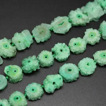 

15.5" strand Green Solar Quartz Geode Loose Beads,Natural Crystals Druzy Sun Flower Shape Center Drilled Slab Bead Charm 10-15mm