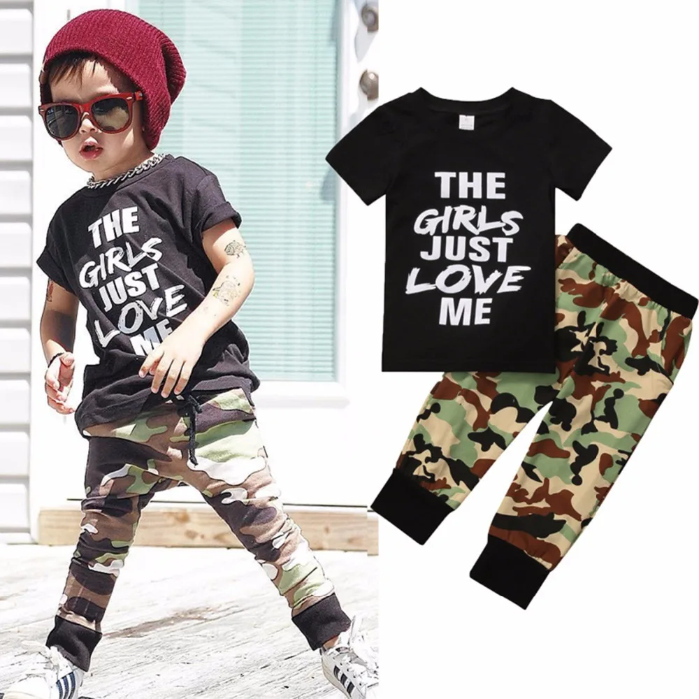 Puseky/хлопковый комплект одежды из 2 предметов для маленьких мальчиков, футболка с короткими рукавами, камуфляжные штаны, комплект одежды, От