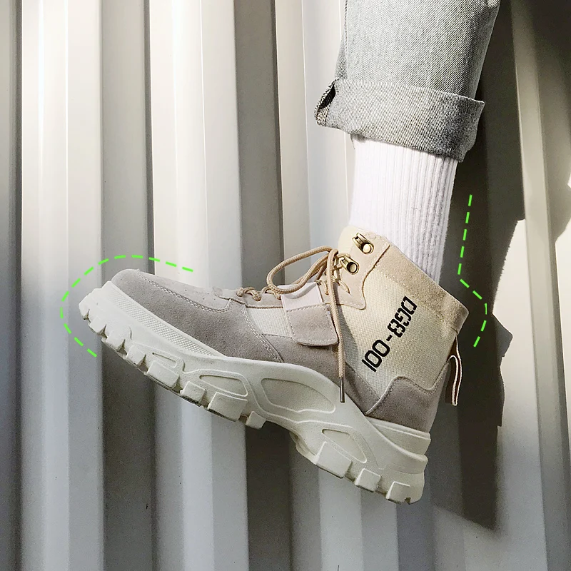

Tide desert boots men Platform Grey Khaki color Flock leather Martin shoes Height increase Spring Autumn