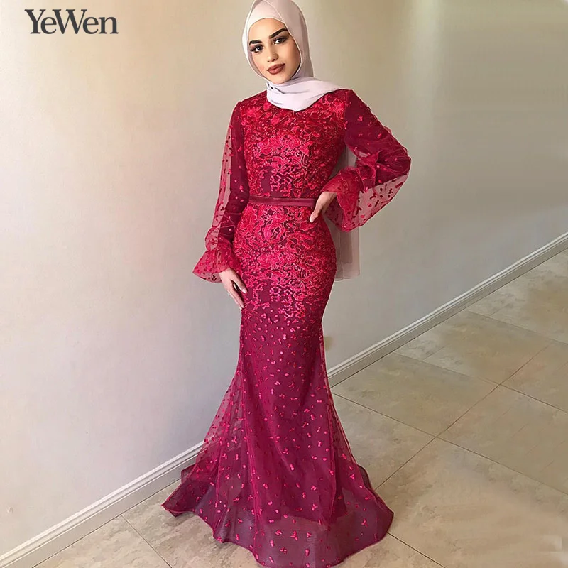 

Wine Red Flowers Long Sleeves Mermaid Evening Dresses Muslim Fashion Elegant Tulle Evening Gowns 2019 YeWen