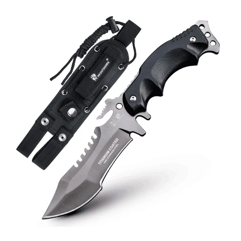 Online Portátil táctica camping supervivencia cuchillo 440C hoja de acero inoxidable 58HRC K10 manejar caza cuchillo al aire libre con funda de Nylon
